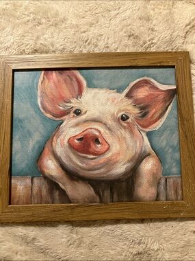 Pig Portrait Canvas Art Print in Blue and Pink - Rustic Home Wall Painting